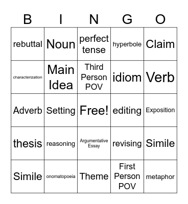 Middle School ELA Bingo Card