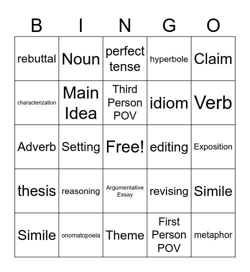 Middle School ELA Bingo Card