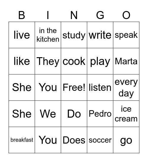 Forming sentences Bingo Card