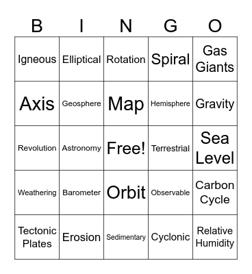 Earth Science End of Year Bingo Card