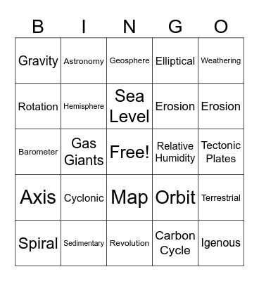 Earth Science End of Year Bingo Card
