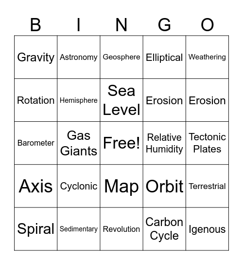 Earth Science End of Year Bingo Card