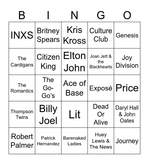 Music Bingo - 80s and 90s Bingo Card