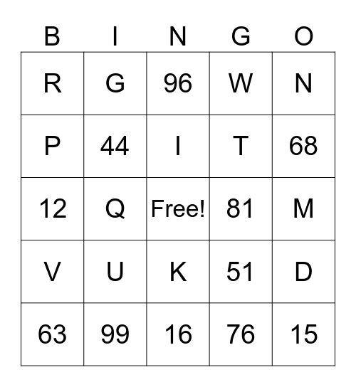 Letters & numbers Bingo Card