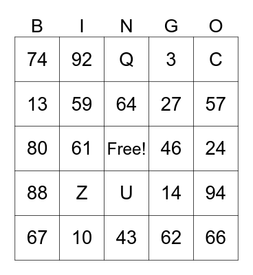 Letters & numbers Bingo Card