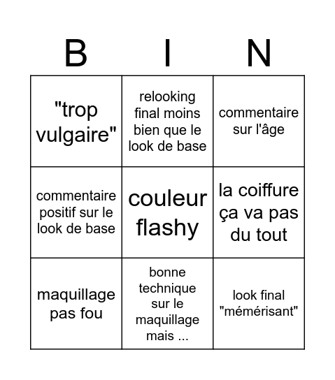 Incroyable transformation Bingo Card