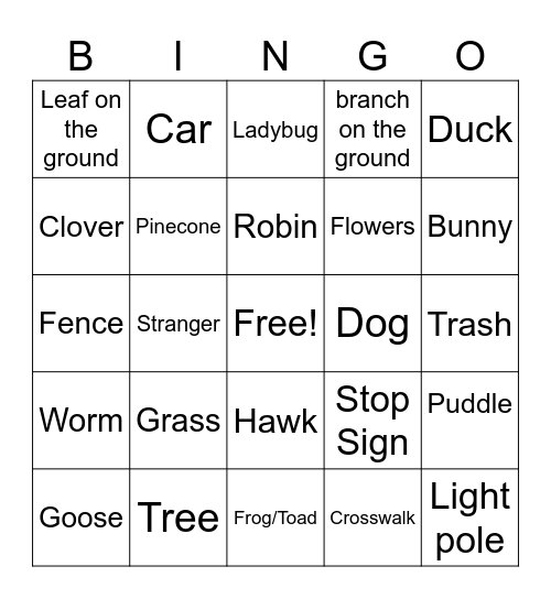 "Nature" Walk Bingo Card