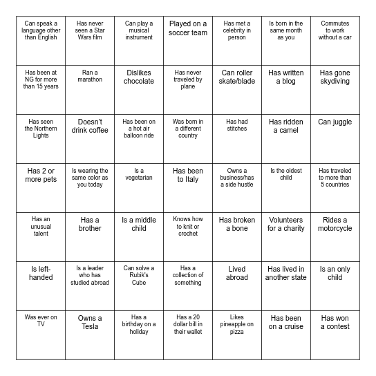 BM Networking Bingo Card