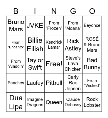 Pop Bingo 2025 Bingo Card