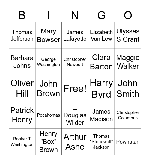 People of Virginia Bingo Card