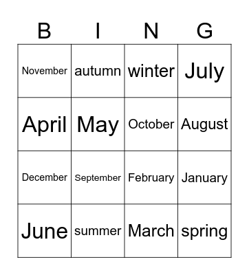 Months and seasons Bingo Card