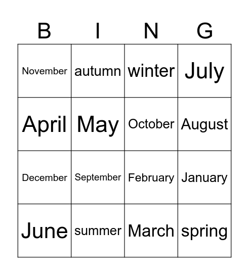 Months and seasons Bingo Card