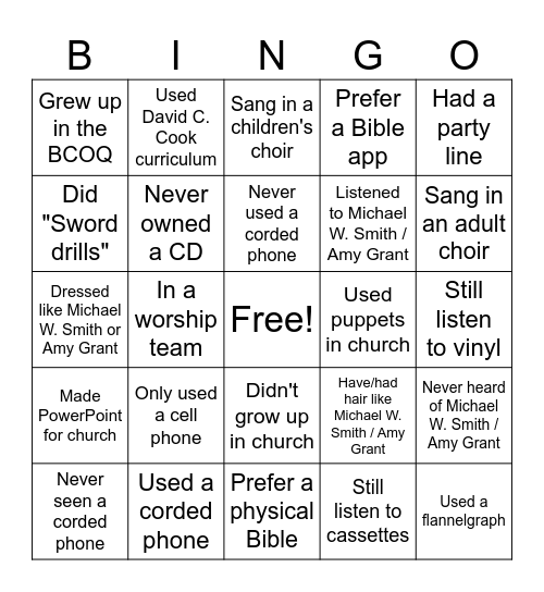 Generational Bingo Card
