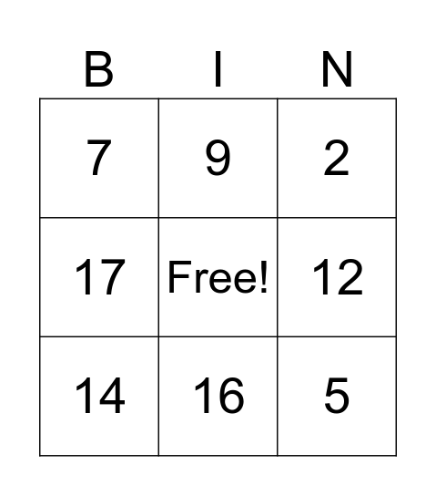 NUMEROS 0 - 19 Bingo Card