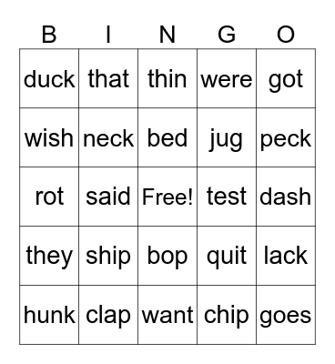 Cvc words Bingo Card
