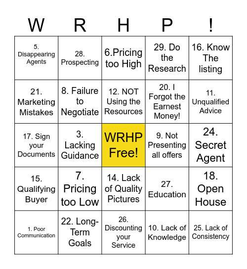 Realtor Bingo Card