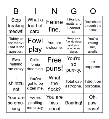 Animal Puns Bingo Card