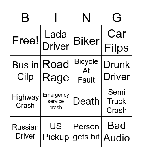 Car Crash Bingo Card