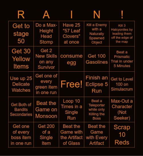 Risk of Rain 2 Bingo Card
