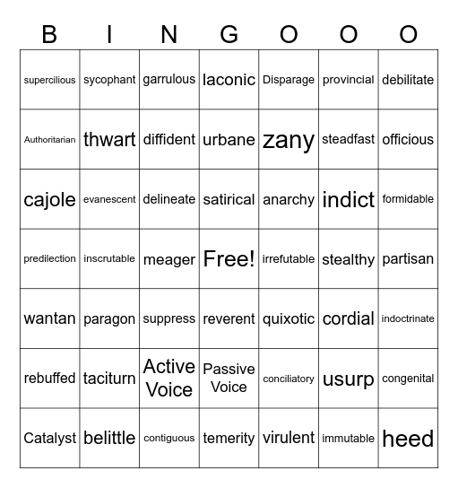 Advanced Word Power 11 to 20 Bingo Card