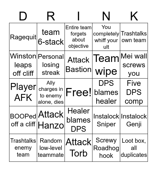 Overwatch Drinking Bingo Card