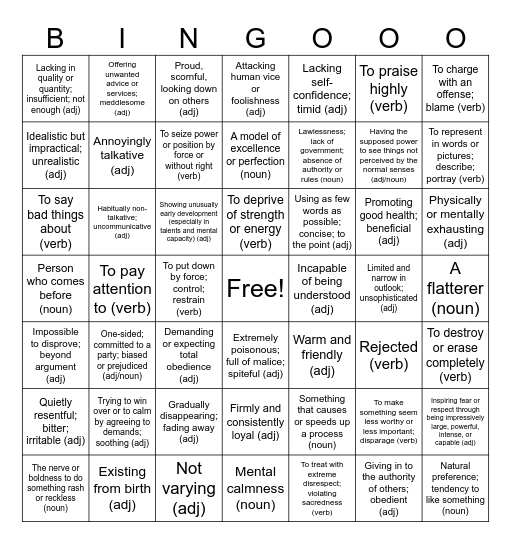 Advanced Word Power 11 to 20 Bingo Card