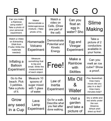 SUMMER SCIENCE BINGO Card