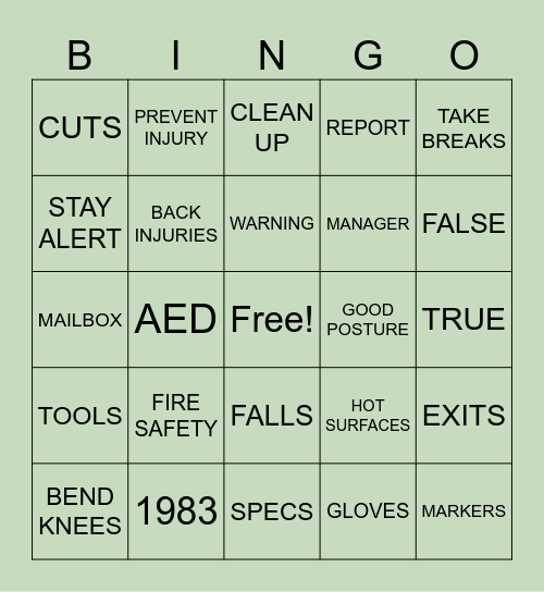 WEI SAFETY Bingo Card