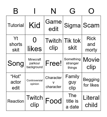 YouTube shorts Bingo Card