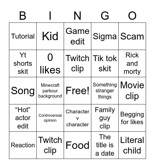 YouTube shorts Bingo Card