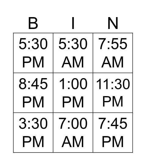 TIME TIME Bingo Card