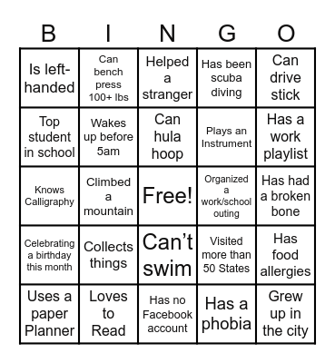 Team Building Bingo Card