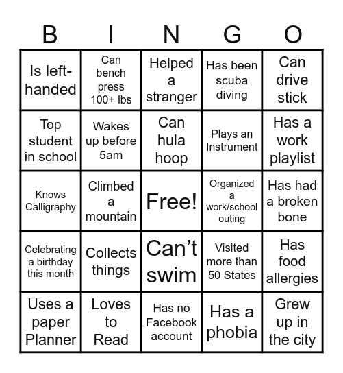 Team Building Bingo Card