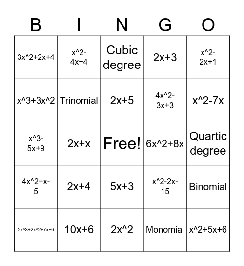 Polynomials Bingo Card