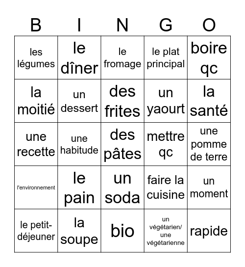 Découvertes 2 Unité 4 Bingo Card