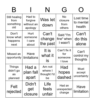 Reality Acceptance Bingo Card