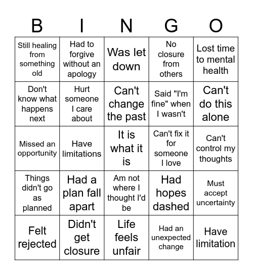 Reality Acceptance Bingo Card