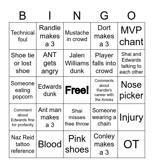 Timberwolves vs. Thunder Family Fun Bingo Card