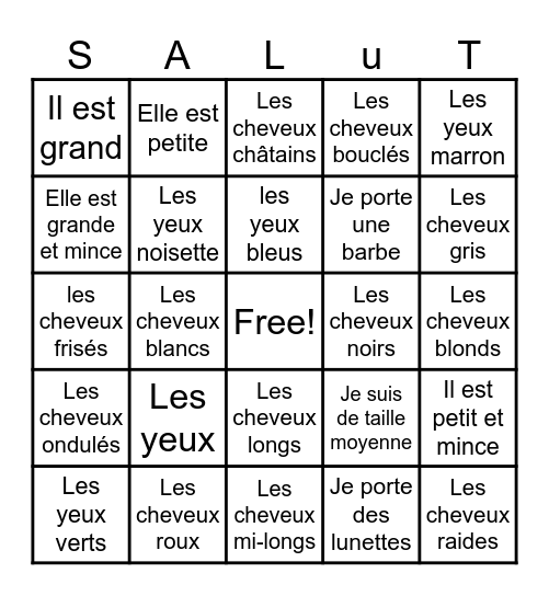 La Description Physique Bingo Card