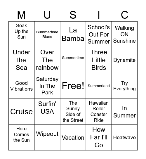 Summer Music Bingo Card