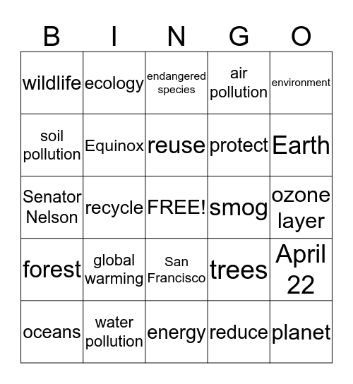 Earth Day Bingo Card