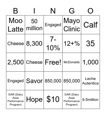 Dairy Ambassador Seminar Bingo Card