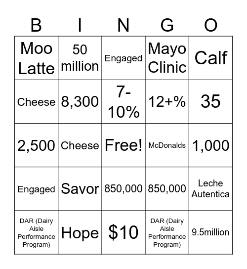 Dairy Ambassador Seminar Bingo Card