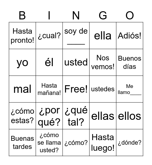 Pronombres, interrogativos, saludos y despedidas Bingo Card
