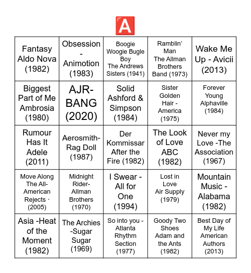 BANDS THAT START WITH THE LETTER "A" Bingo Card