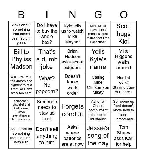 Warehouse Bingo Card
