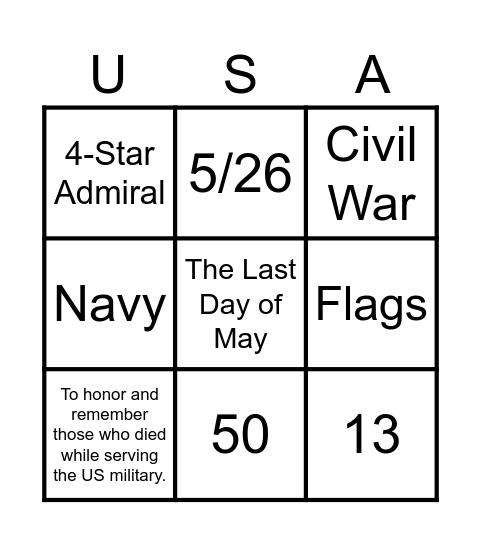 Memorial Day Trivia Bingo Card