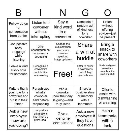 Caring and Listening Bingo Card