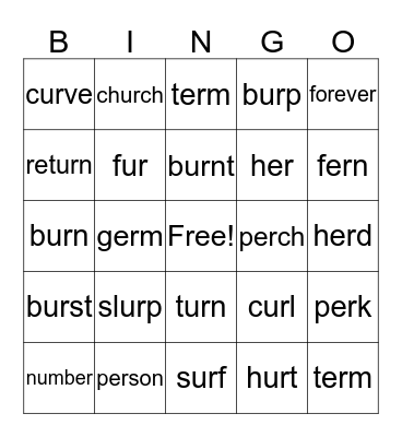 er, ur Phonics Pattern Bingo Card