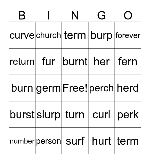 er, ur Phonics Pattern Bingo Card